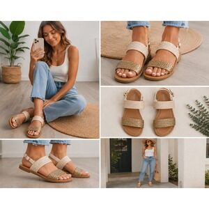 Old Navy Woven Sandals Metallic Gold White Strappy Flat Size 6 Boho Summer Beach